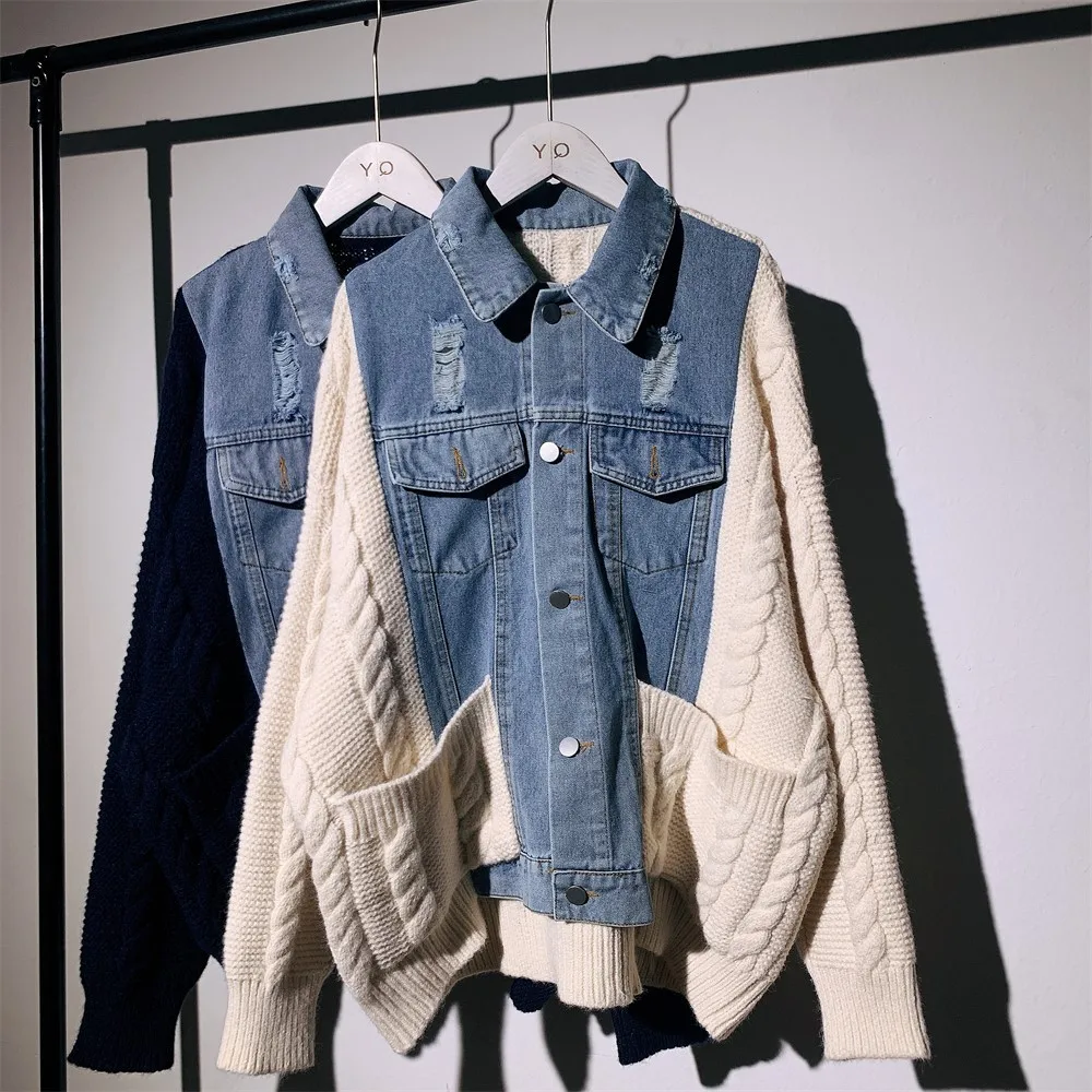 

Autumn and Winter Western-style Denim Knit Sweater Jacket for Women 2021 Loose Korean Version Lazy Style Cardigan Trend