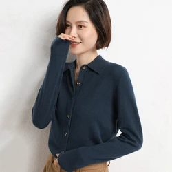 Polo Collar Knitted Cardigan Ladies All Match The New Style Of Temperament Lapel Senior Solid Color Lead Sweater DMR430