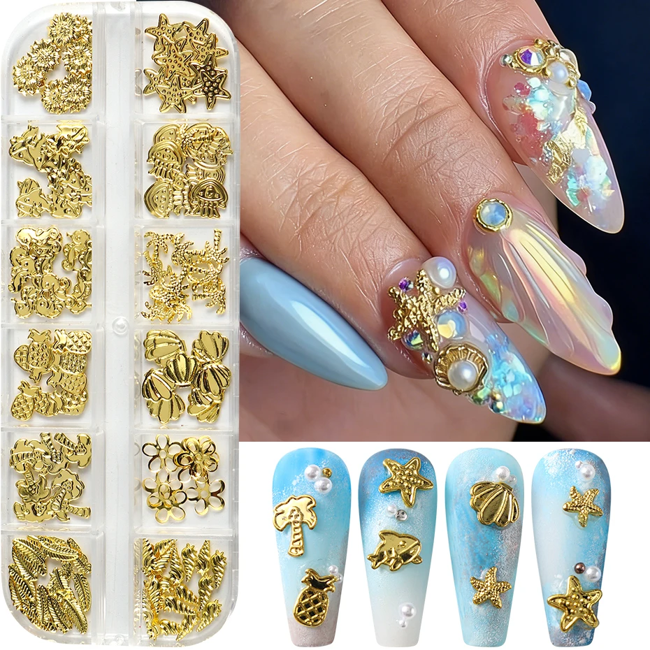 12-teiliges Set Muschel- und Seestern-Nagelcharms aus Goldmetall, Kokospalmen-, Seepferdchen-, Ananas- und Blumen-Dekorationen für Sommer-Nagelkunst