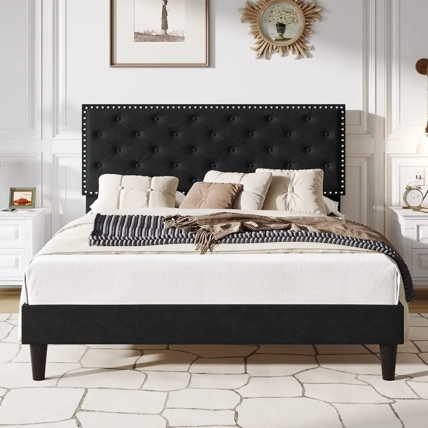 Full Size Velvet Bed Frame with Adjustable Headboard, Diamond Button Tufted and Rivet Decor, No Box Spring Needed, Black