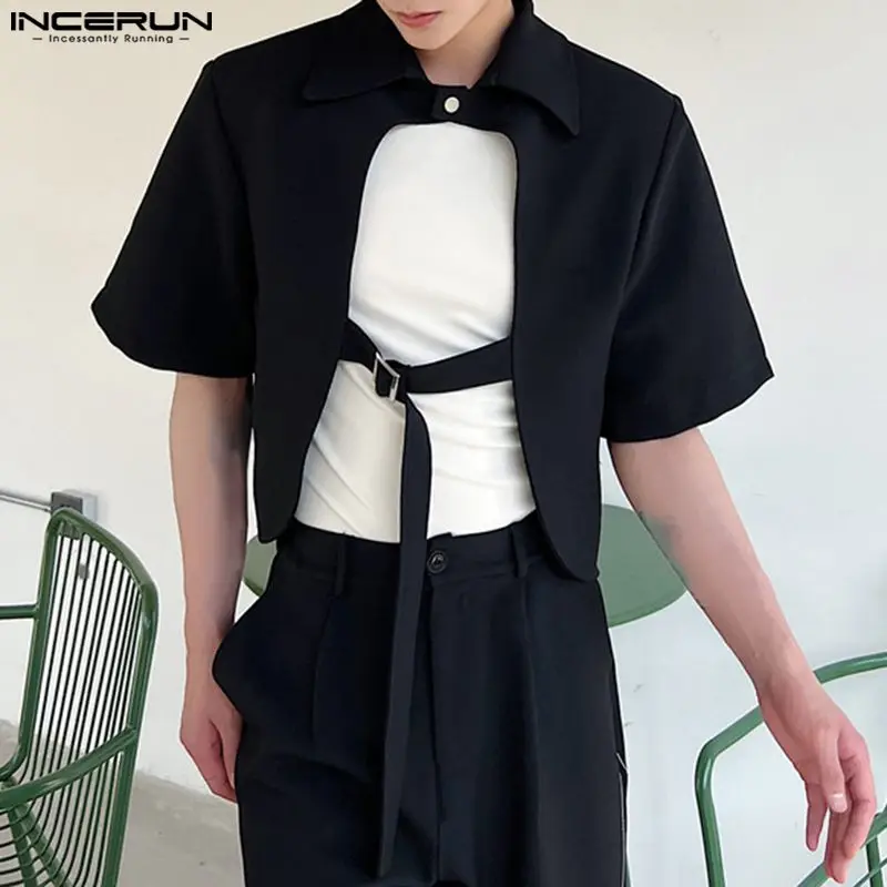 INCERUN Men Shirt Solid Lapel Short Sleeve Hollow Out Button Streetwear Irregular Shirts 2023 Fashion Personality Men Clothing