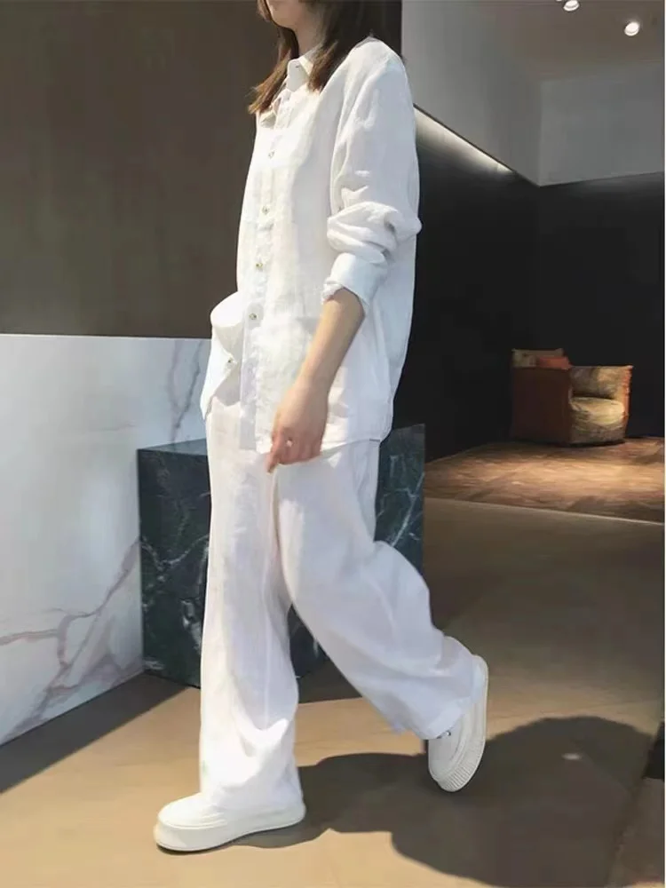 Women's Cotton Linen Set Casual Sle Two-Piece Suit Autumn Faion Design Sensation Large Size irt And Straight Leg Pants