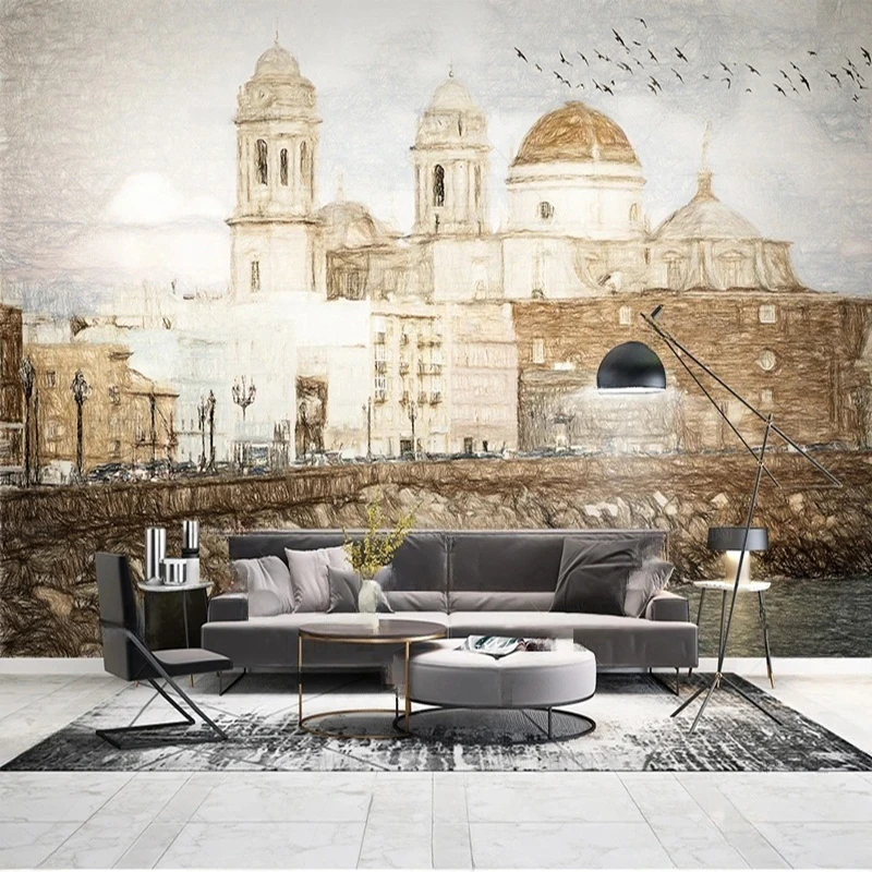 MU8785 Hand-painted urban architecture in Nordic Mediterranean style TV background wall paintings