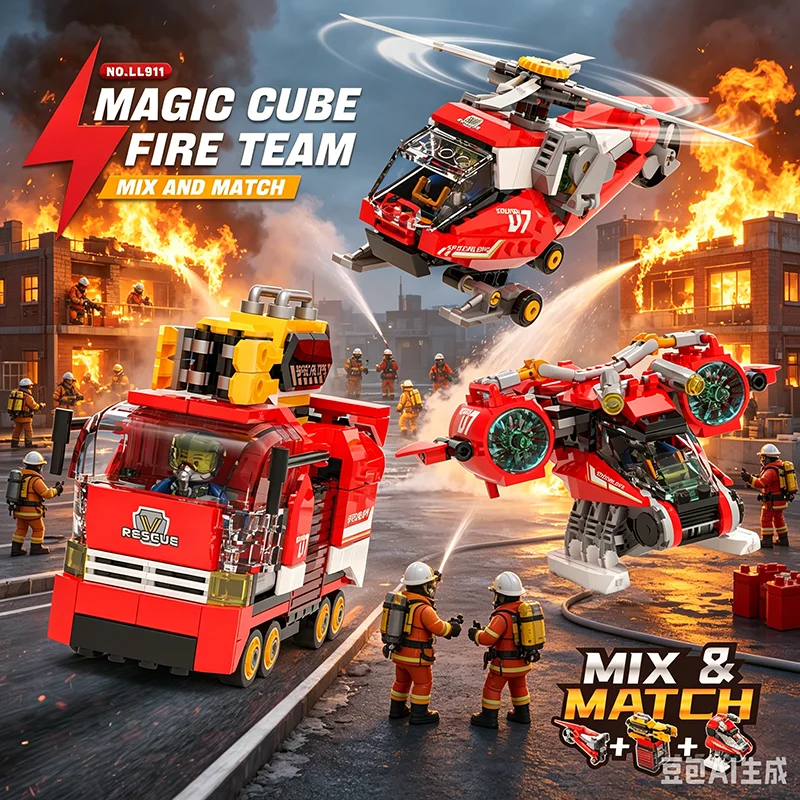 2026 Neue Feuerwehr-Serie Bausteine, Multi-Modulare Modelle mit Feuerwehrauto, Rettungshubschrauber & Rettungsfahrzeug, Perfektes Geschenk