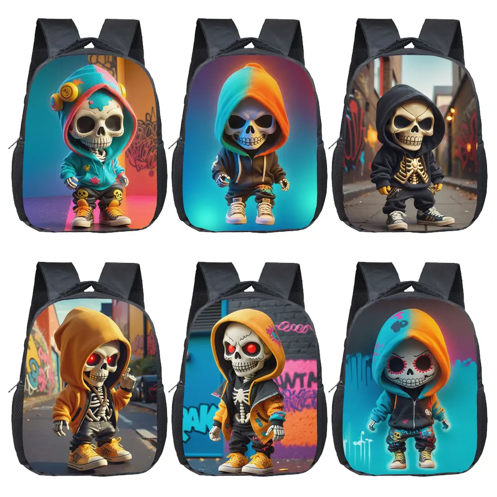

12 inches Hip Pop Skeleton Print Backpack for 2-4 Years Old Skeleton Boy Bookbags Kindergarten Toddler School Bags