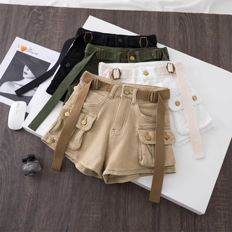 Summer Women Cargo Denim Shorts Korean Style Casual Solid Color Short Pants Pockets Spice Girls Hot Pants