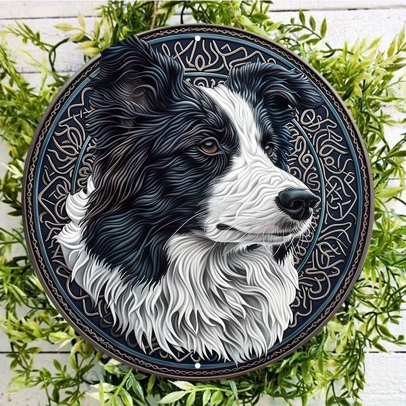 Border Collie Dog Cutout Laser Engraved Aluminum Metal Sign, Round Door Hanger, Wall Decor, Waterproof, Weather Resistant