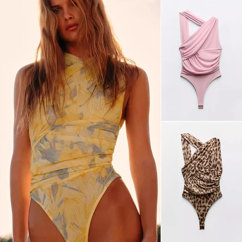 

Новый летний женский тонкий асимметричный комбинезон с плиссированными ремешками и шелковой сеткой, прямые брюки с высокой талией, полиэстер F...