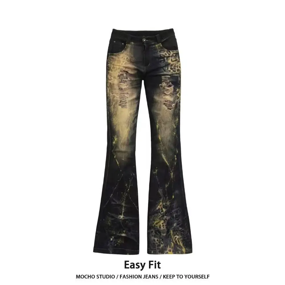 

2026 American Retro High Street Vintage Leopard Print Slim Fit Women's Gothic Hip Hop Casual Distressed Denim Flared Jeans