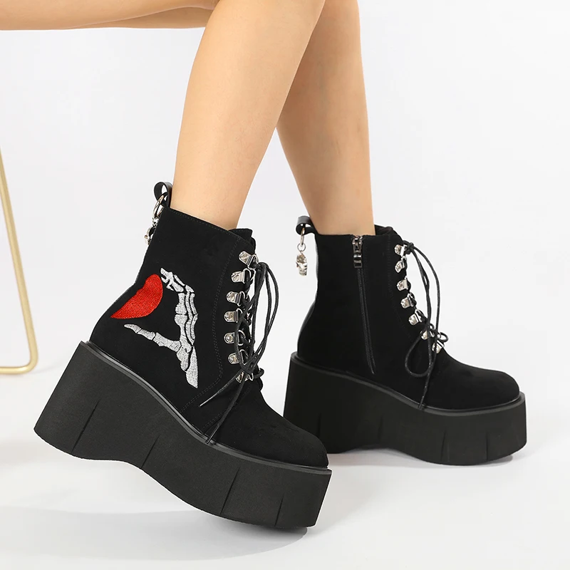 

Gdgydh Halloween Skeleton Hand Wedge Boots for Women Fashion Lace Up Side Zipper Comfortable Ankle Boots Platform Heels