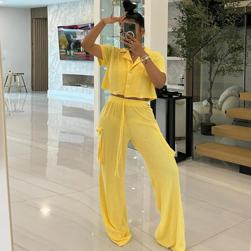 

Sweet and fresh suit collar short shirt high waist pocket straight pants two-piece set fashionable simple and versatile temperam