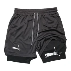 Calções masculinos de fitness dois em um, calças de praia de camada dupla, dois em um, shorts esportivos estampados na moda, treinamento ao ar livre, shorts de corrida