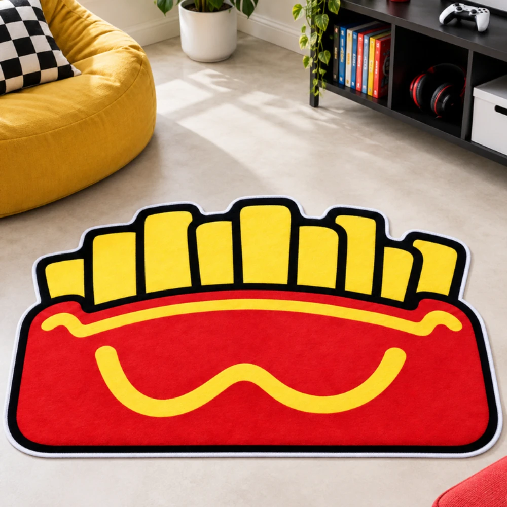 Red French Fries Shaped Area Rug, Soft Flannel Floor Mat for Game Room, Bedroom, Living Room, Kitchen and Fun Home Decor