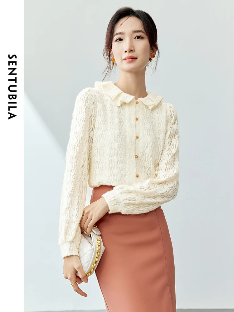 SENTUBILA Ruffled Sequins Lace Shirts for Women 2024 Spring Autumn Elegant Tops Comfortable Button Up Shirts Blouses 141S52756