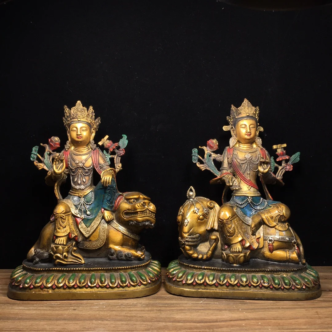 A Pair Buddha statue Pure copper painted Manjusri Samantabhadra Bodhisattva Length 20cm, width 13cm, height 24.5cm, weight 3140g