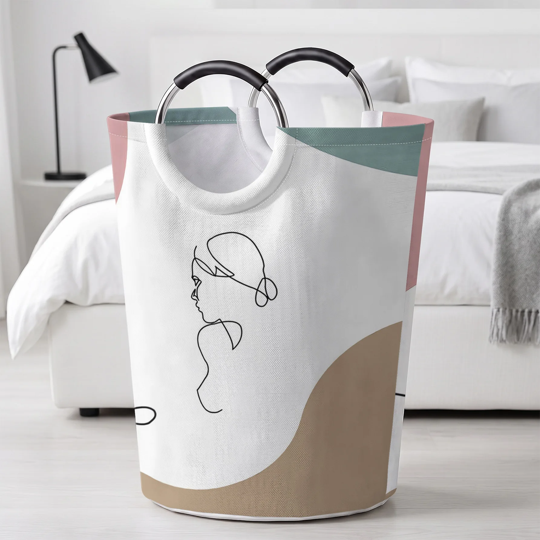 Minimal Line Art Figure With Morandi Color Block Print Handheld Storage Basket, For Laundry, Bedroom & Home Sundries Storage