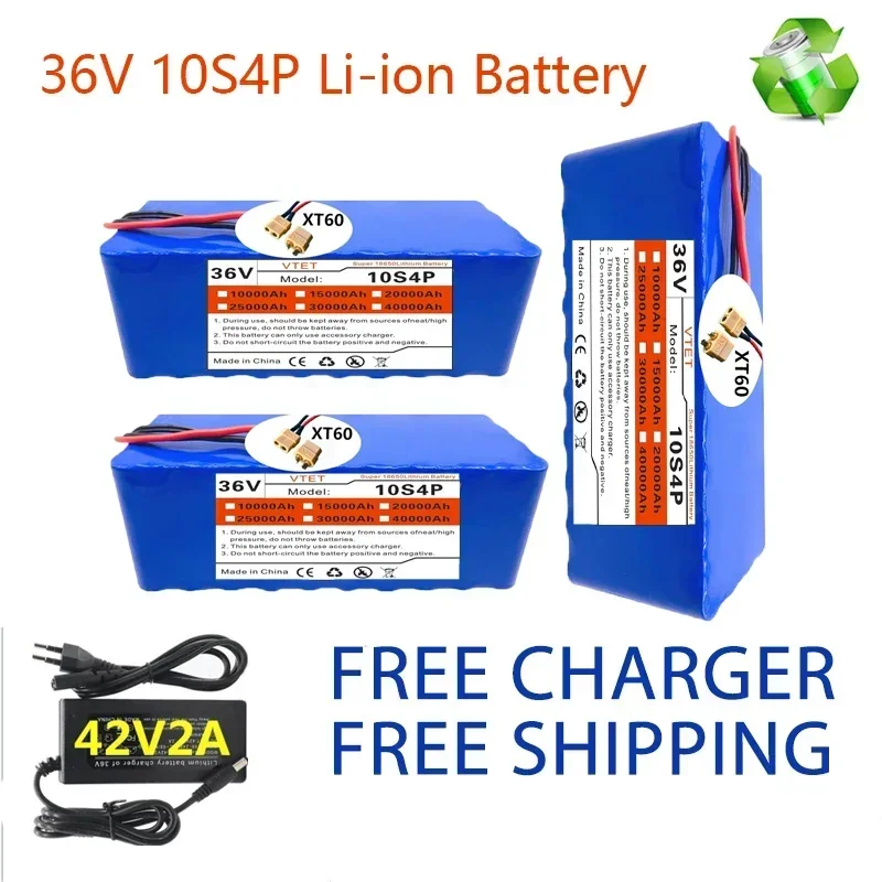2024 New 36V 40Ah 10S4P XT60 Battery Pack 1000W High Power Battery High Quality 18650 Battery BMS+42V Charger DIY Production