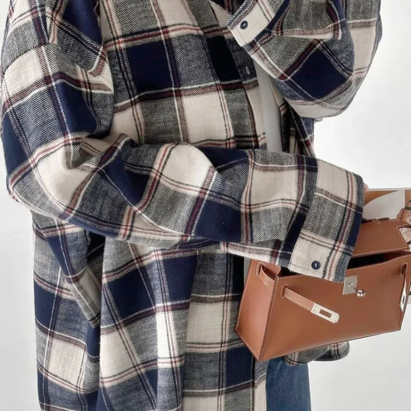 

2026 Spring Autumn Women Fashion Lazy Style Large Plaid Shirt New Cotton Plaid Long Sleeved Loose Casual Shirt Commuter Coat