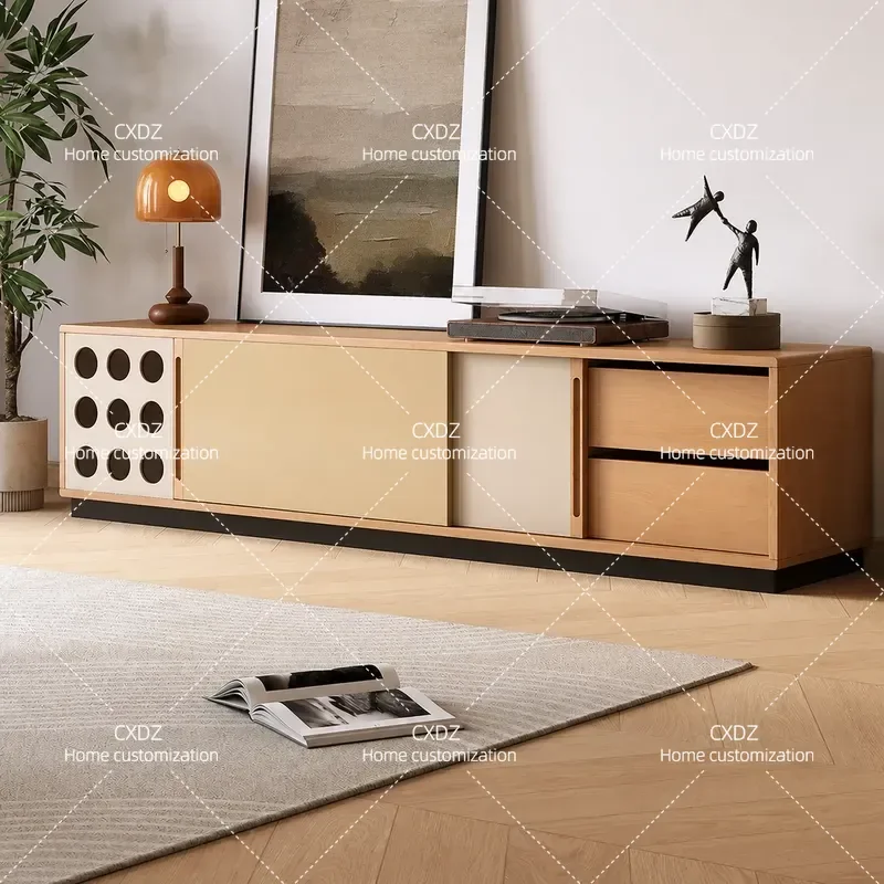Solid Wood TV Cabinet with Hollow Sliding Door Cherry Color Living Room Storage Floor Cabinet for Small Apartment Household