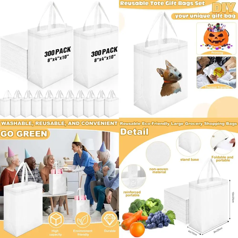 Borse tote riutilizzabili sfuse - Confezione da 300 borse per la spesa in tessuto non tessuto con manici, 8x4x10 pollici, bianche per generi alimentari e regali