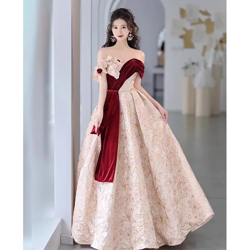 

Princess Style Dress Jacquard Strapless Vestidos Women Luxury Party Banquet Dress Long Vestidos De Festa Female Qipao