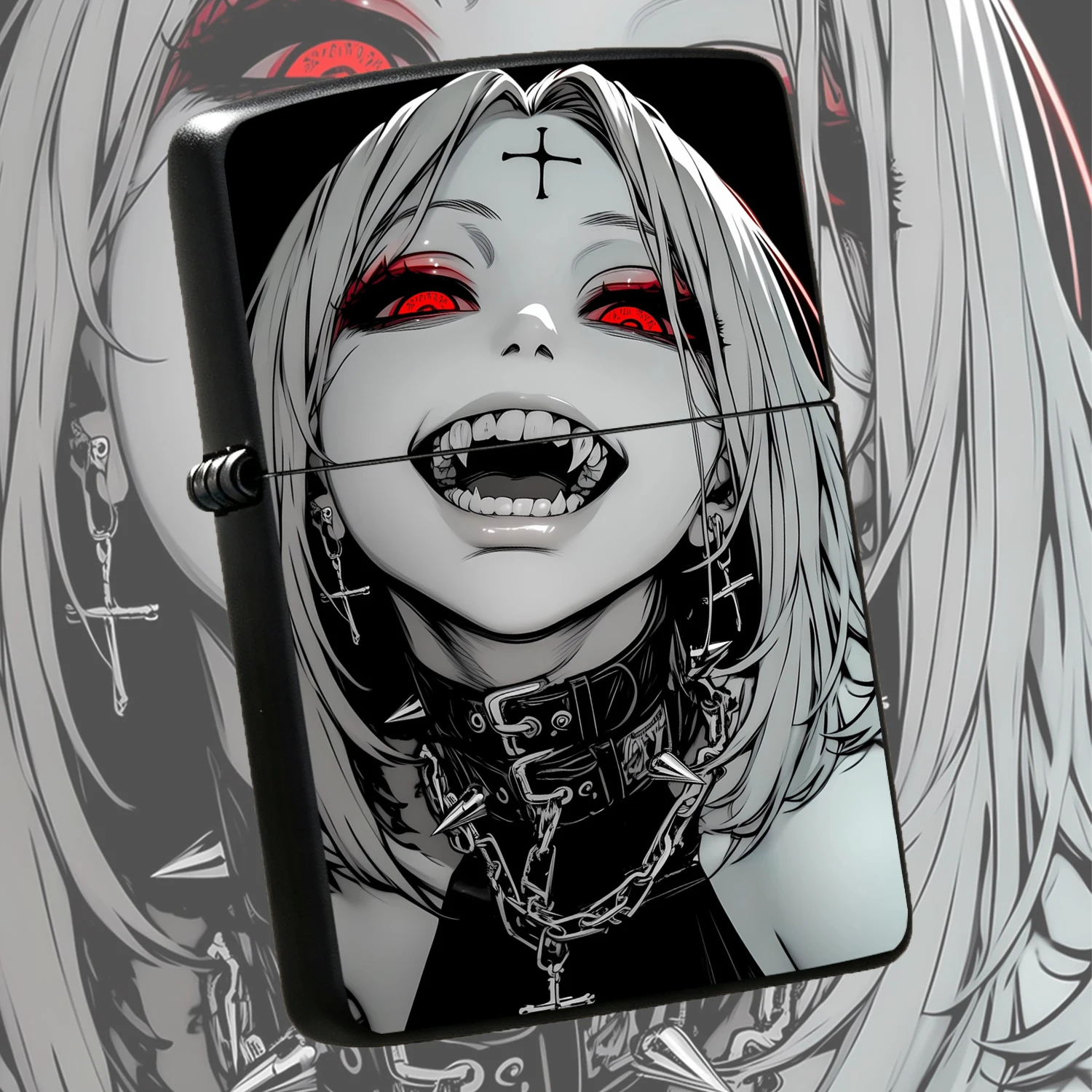Trendy Punk Vampire Themed, Unique Subculture Anime Printed Portable Igniter, Dark Gothic Cross Red Eyes Fangs Creative, Cool Exquisite Practical Igniter Gift For Boyfriend Daily Use A Fun And Humorous Lighter