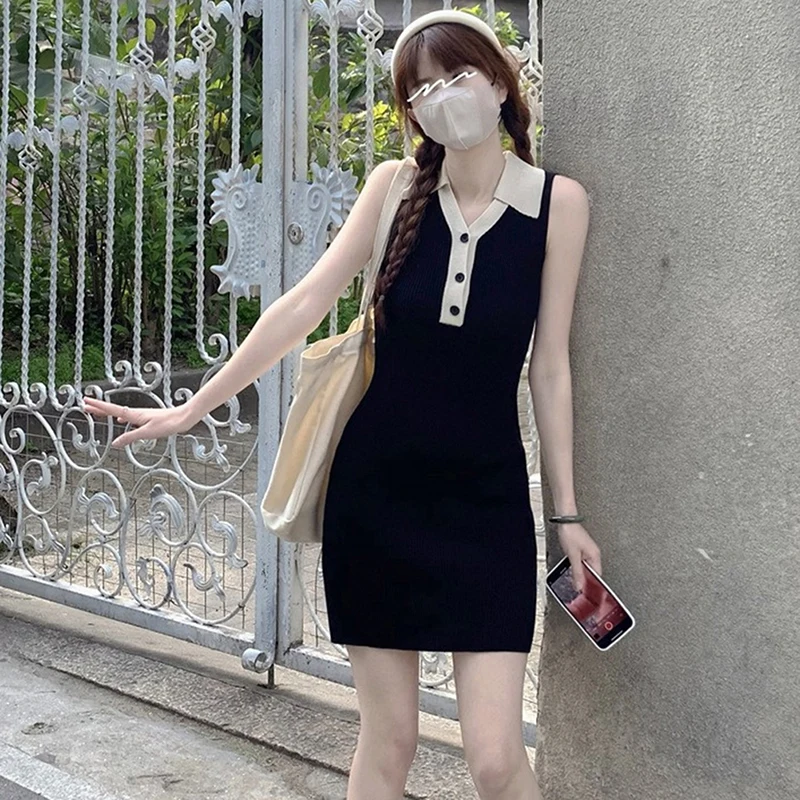 Halter Knitted School Mini Dress Women Korean Style Turn-down Collar Bodycon Wrap Short Dresses