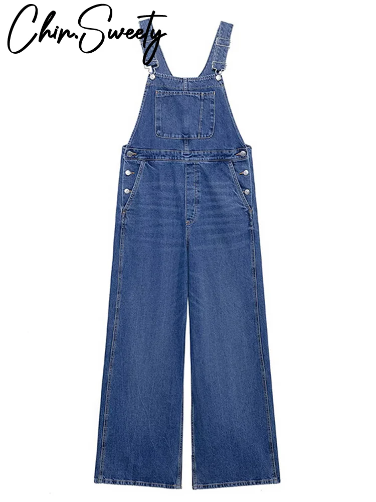 

Casual Denim Jumpsuit Women Belt Buttons Pockets Wide Leg Jeans Female 2025 Spring Summer High Street Solid Lady Pants