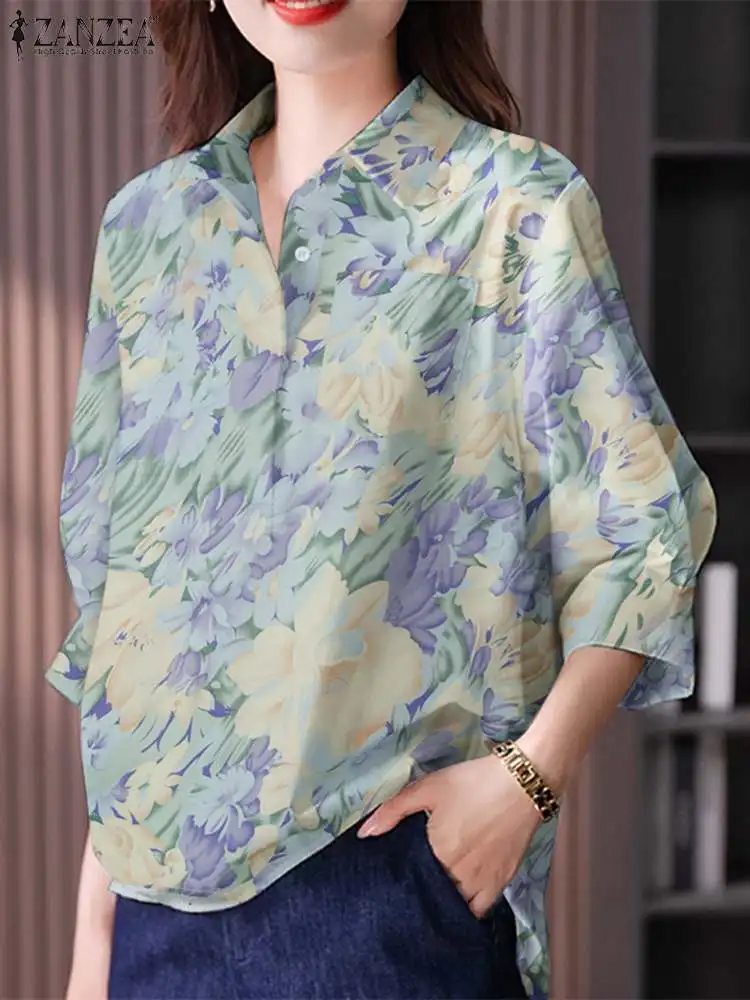 ZANZEA Fashion Summer Blouse Women Vintage 3/4 Sleeve Floral Printed Tops Tunic Casual Holiday Shirt Elegant Work Blusas 2024