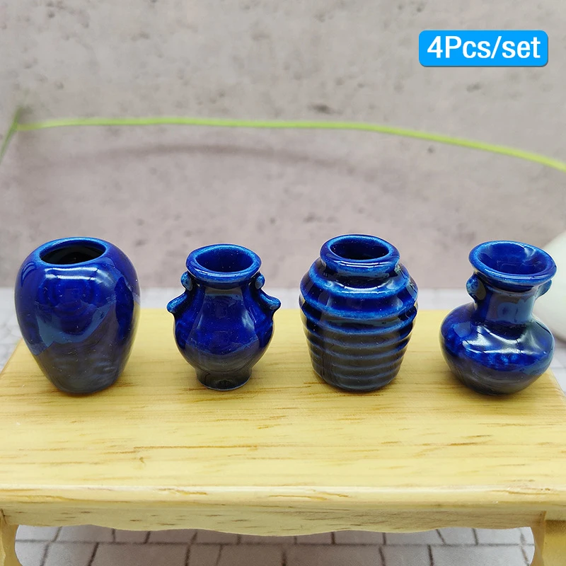 Mini frascos de cerámica para casa de muñecas, 4 piezas, 1/12, modelo de jarrón azul, Escena de muñeca, adorno de juguete, decoración de Micro paisaje, accesorios de utilería