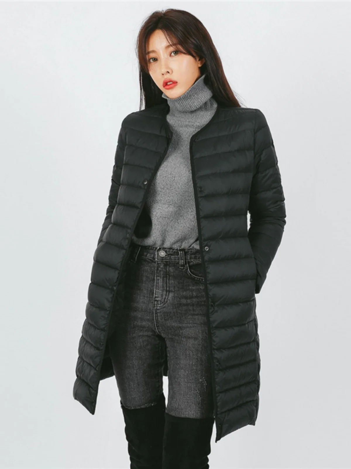 Ultra-léger mince 2024 nouveau femmes mi-long rond Ne Puffer Jaet Faionable coupe ajustée longue Sve mémoire tissu Nylon