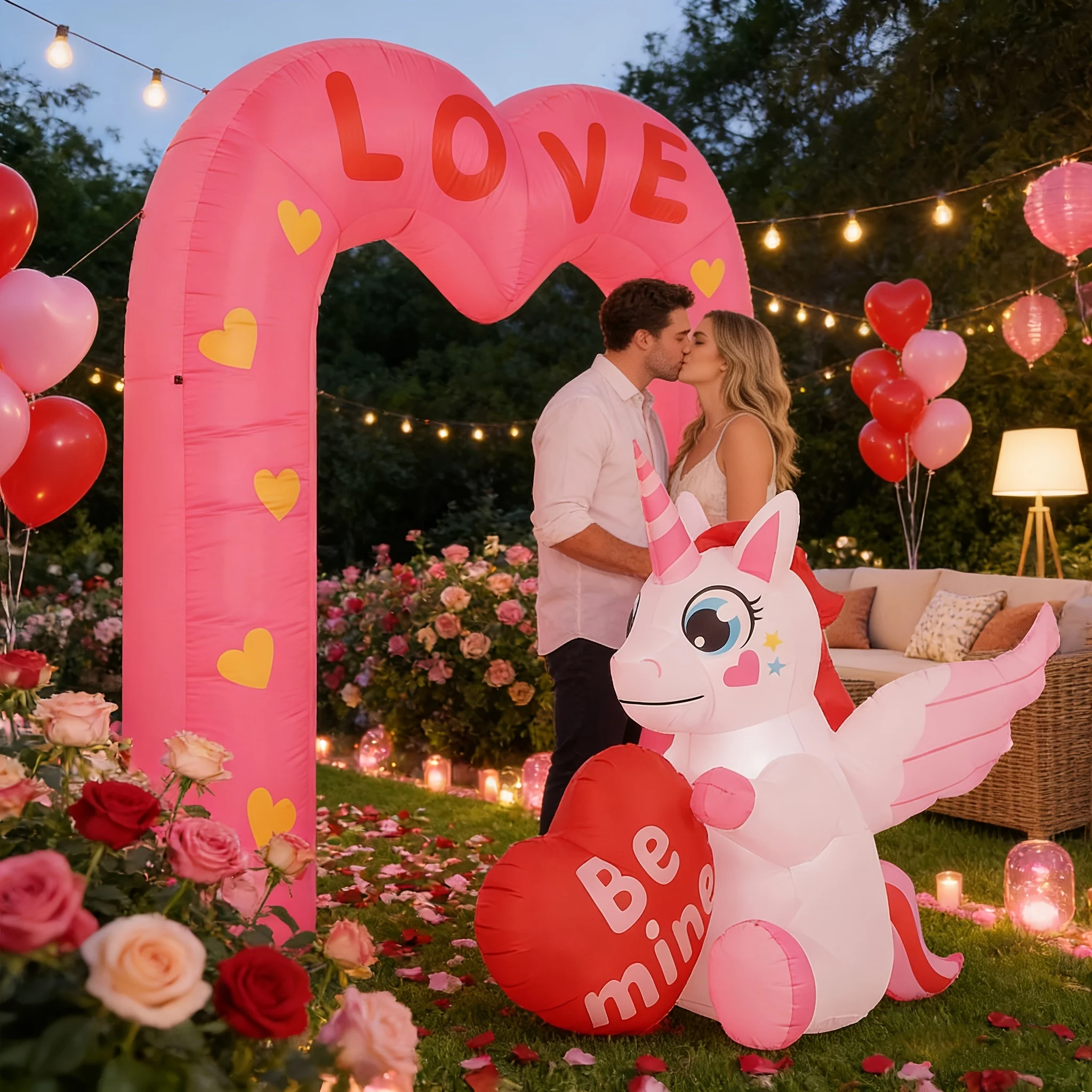 Inflables de San Valentín para exteriores de 8 pies con un unicornio sosteniendo un corazón y un arco de amor rosa, perfectos para decoraciones románticas y accesorios para cabinas de fotos para fiestas y bodas