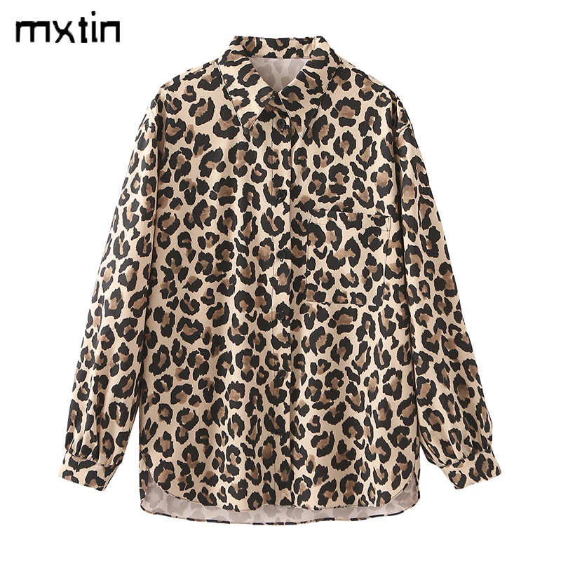 

Women's Shirt Spring Fashion Sexy Leopard Print Blouse Vintage Lapel Collar Long Sleeve Office Lady Female Casual Tops Mujer