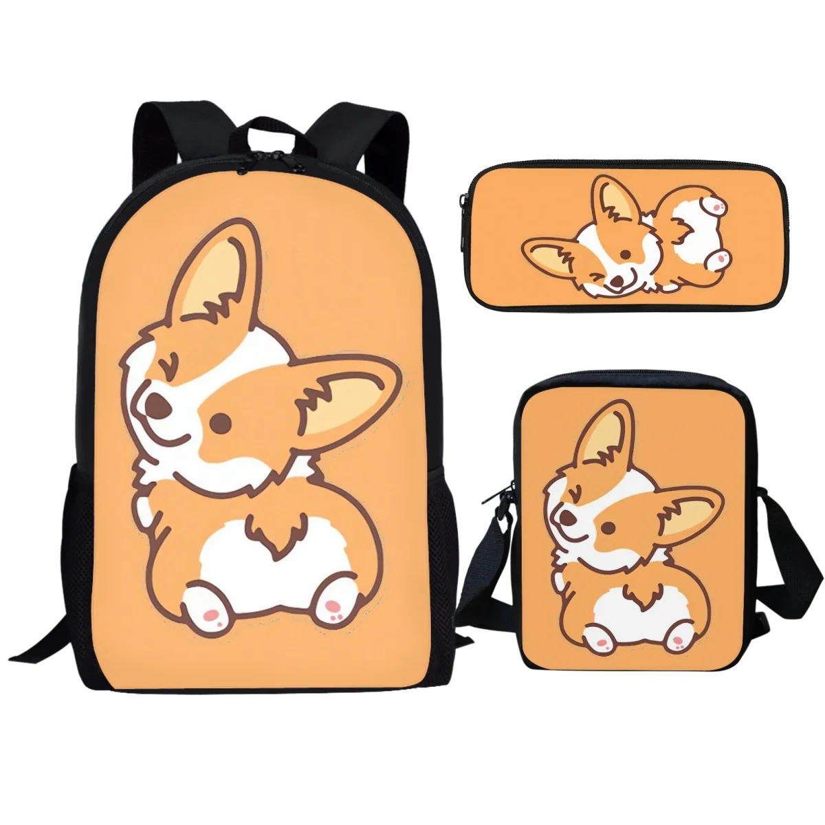 Cute Corgi Dog Printed Backpacks Large Capacity Lovely Pet Study Pencil Case Cartoon Design for Student Bag 3Pcs/Set Back School