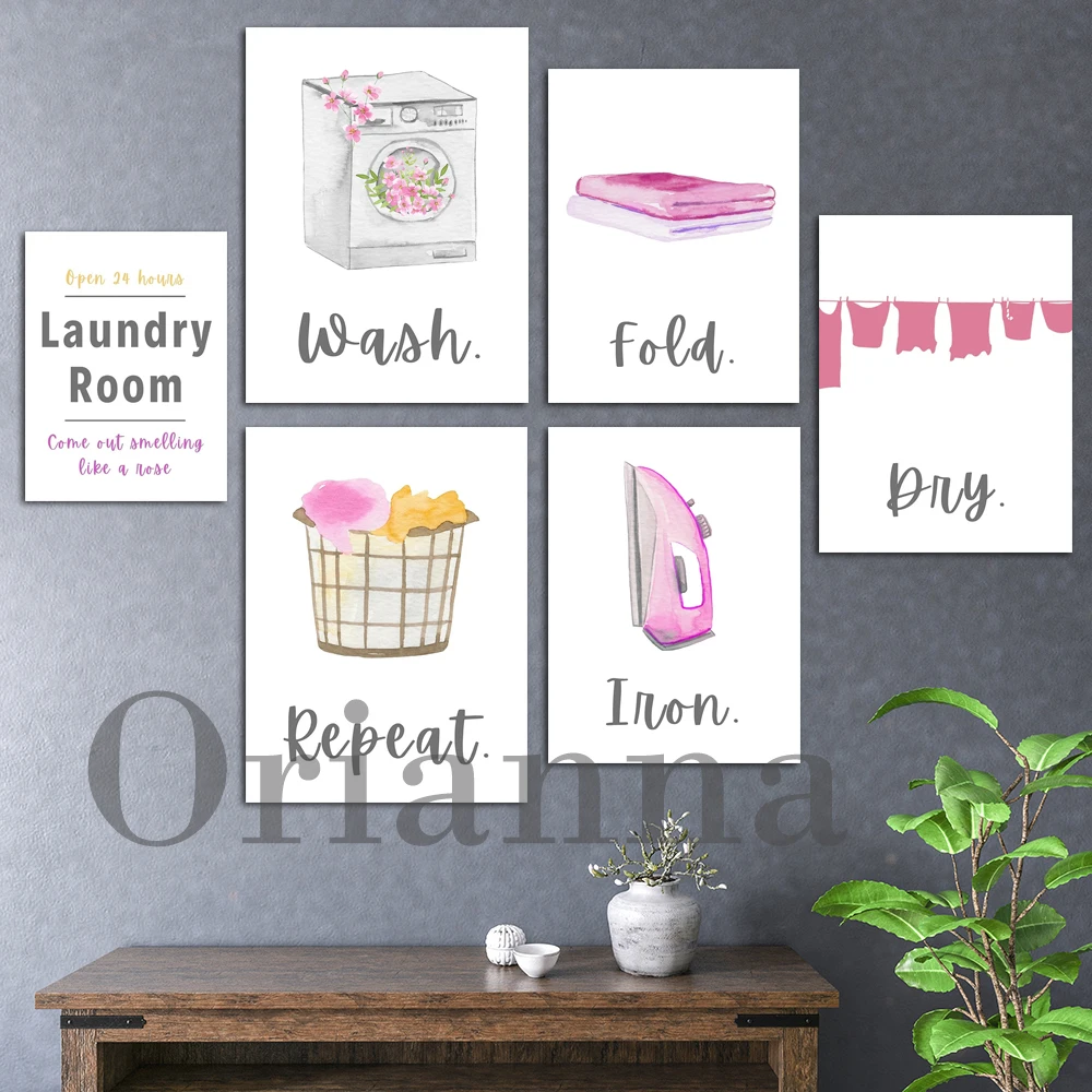 

Laundry Room Wall Art Print Wash Dry Iron Fold Repeat Cleaning Chore Poster Modern Home Decor Canvas Painting Toilet Decoration