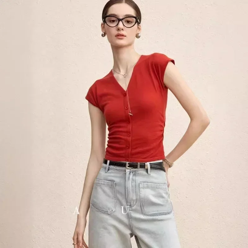 

French Slim-fit Pleated V-neck Knitted Short-sleeved T-shirt For Women's Summer Design
