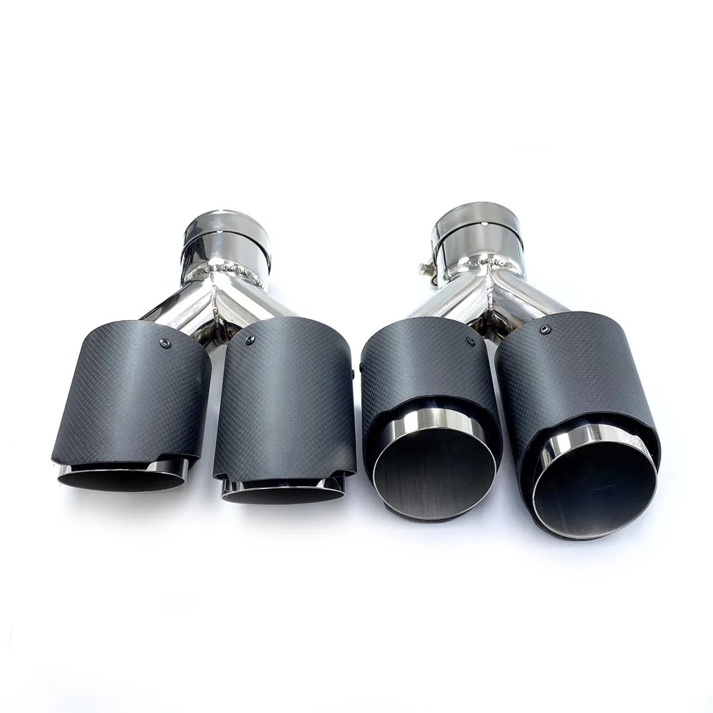 Ein Paar matte Kohlefaser-Edelstahl-Auspuff-Doppelspitzen, universelle Quad-Auspuffspitzen für BMW E46 für Akrapovic Schalldämpfer