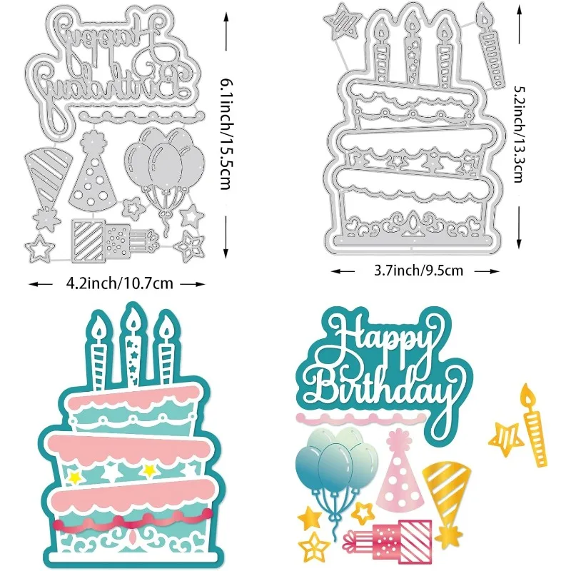 2szt Happy Birthday Theme Die Cuts Cake Balloon Hat Metal Embossing Stencil for Holiday Card Making Decoration and DIY