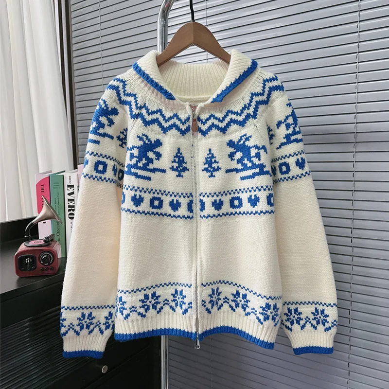 

Cardigan Women Sweaters Coats Zipper Full Sleeve Print Casual Loose Y2k Streetwear Elegant Knit Open Stith Autumn Winter 2025