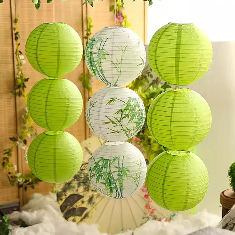 10Pcs 30cm Chinese Style Round Paper Lantern Dragon Boat Festival Home Hanging Decoration Chinese Style Party Green Lampshade