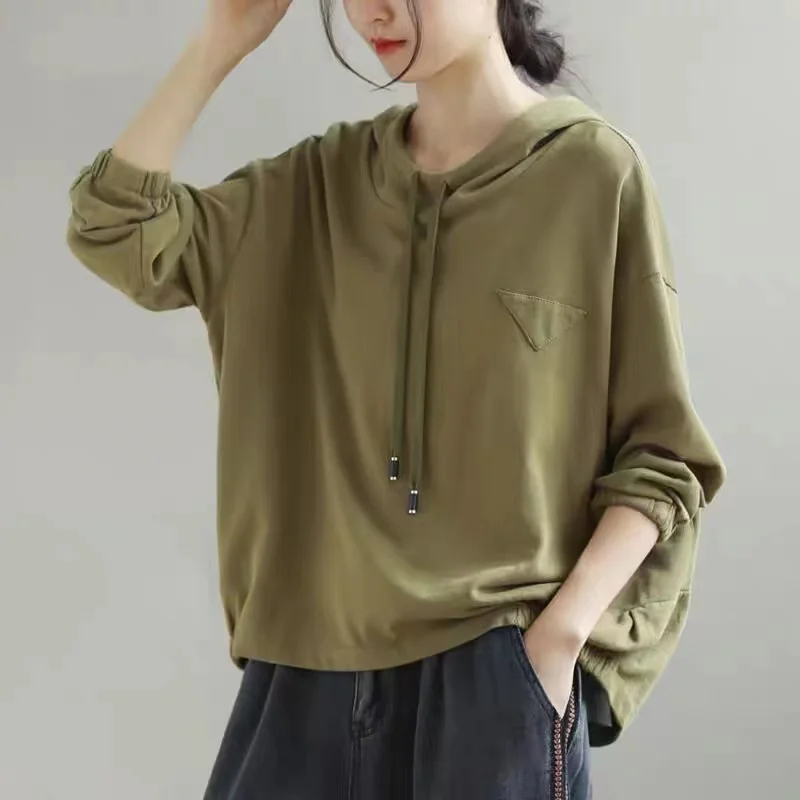 Cotton Shirts for Women Vintage Solid Lace-up Hooded Sweatirt Korean Style Loose Fit Blouses Coats Spring Autumn Top Commute