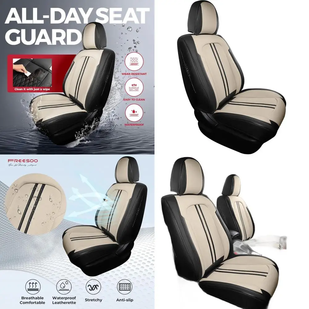 

Pair of Breathable Waterproof Leather Car Seat Covers, Universal Fit for Cars, Trucks, SUVs, Black & Beige