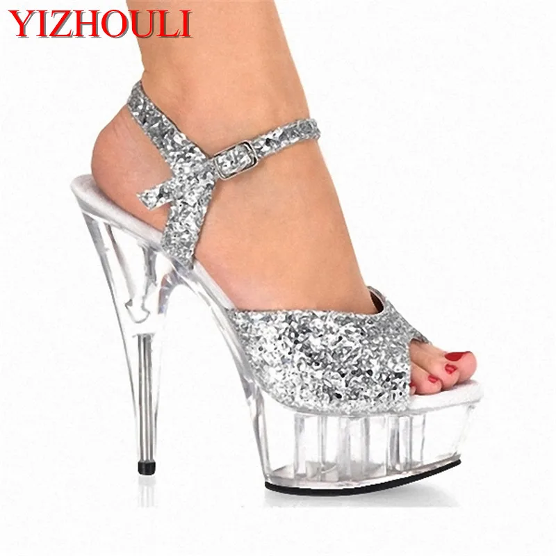 

Sexy 15cm high heel sandals, stylish sequined Roman style women's stage party show dance shoes