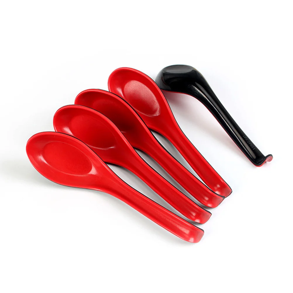 

6PCS Long Handle Soup Spoons Plastic Dishwasher Safe Red Black Color Asian Japanese Chinese Pho Ramen Soba
