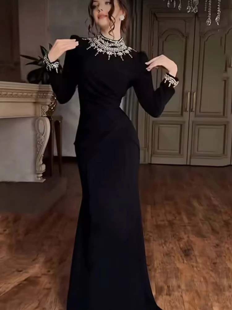 2025 mujeres de lujo Sexy de manga larga rebordear negro Maxi vestido ceñido largo elegante vestido de fiesta de noche para Club