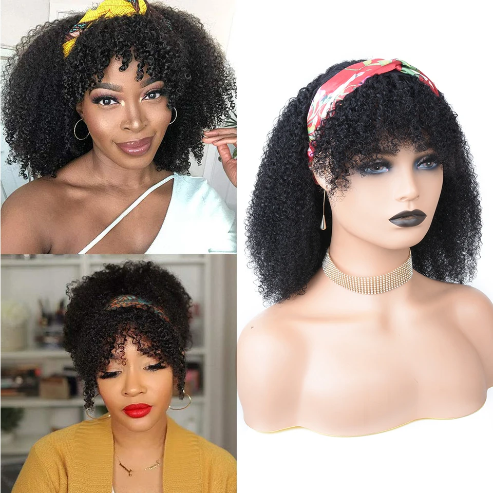 Afro Kinky Headband Wig With Bangs 14inches Detachable Curly Cute Human Hair Wigs For Women Human Hair Mongolian Wigs Estrella