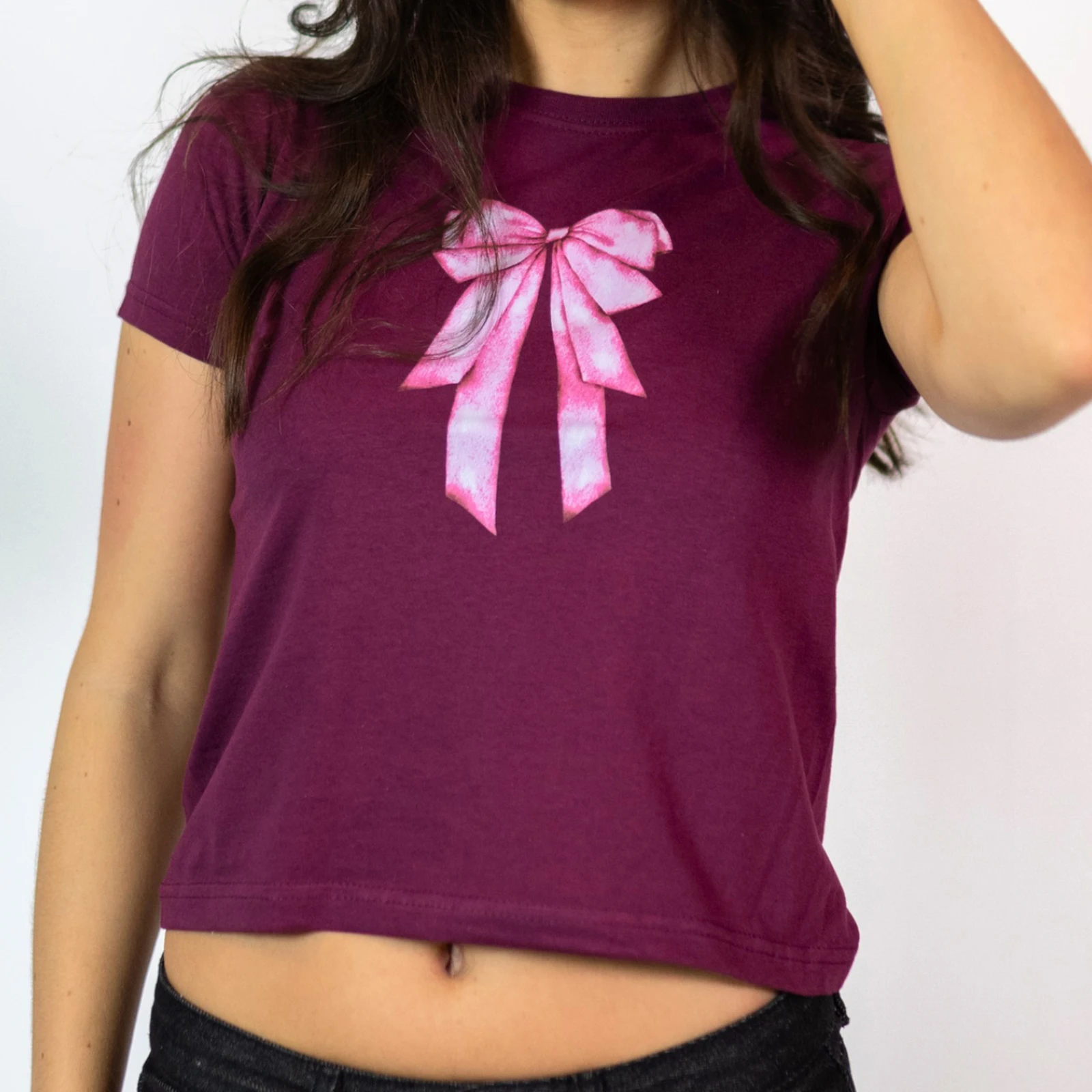 Verão feminino manga curta camisetas fino em torno do pescoço doce arco impressão colheita topos casual streetwear roupas