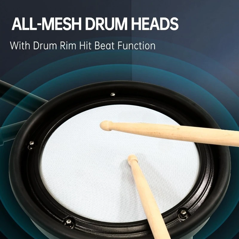 home. Electric Drum Set with Quiet Mesh Pads,Electronic Drum for Beginner,Included 15 Kits and 195 Sounds,AED-403