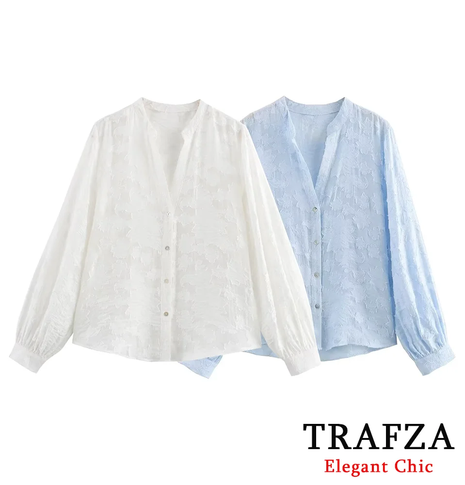 TRAFZA Casual Burnout-Flower Patchwork Shirt Women's V-Neck Buttons Shirts New 2024 Spring Summer Fashion Shirt