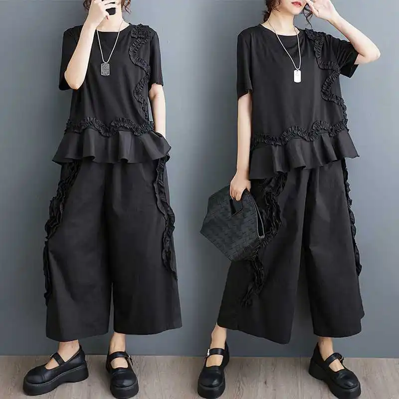 Loose Plus Size Mushroom Edge Patchwork Short Sleeve T-Shirt and Wide Leg Pants Two-Piece Set